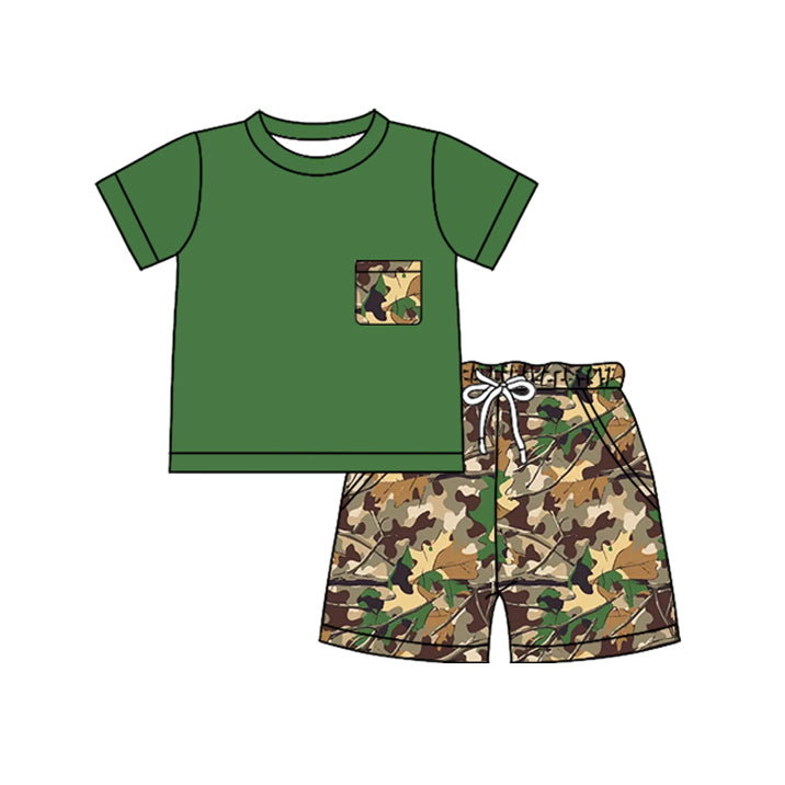 preorder BSSO1957 Green Branch Pocket Short Sleeve Shorts Boys Set