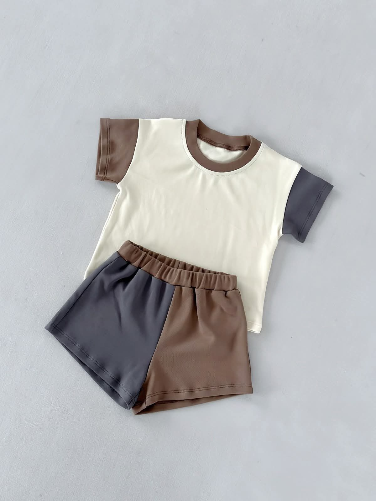 preorder BSSO1977 Brown Blue Short Sleeve Shorts Boys Set