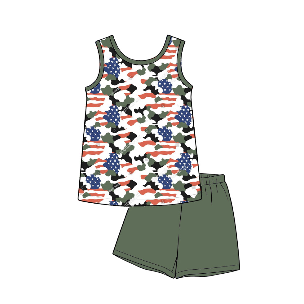 preorder BSSO1993 July 4th Flag Camo Sleeveless Green Shorts Boys Set