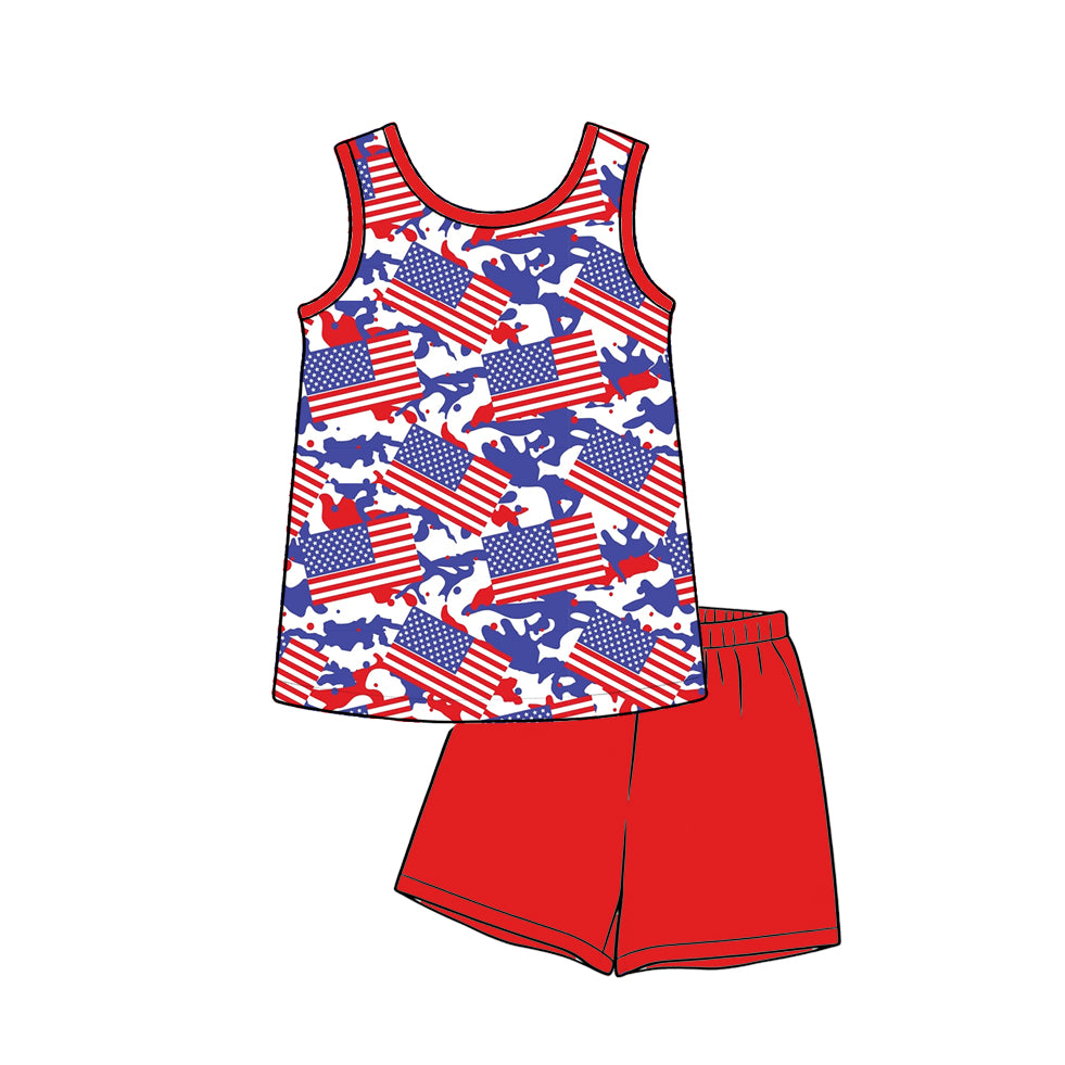 preorder BSSO1994 July 4th Flag Camo Sleeveless Red Shorts Boys Set