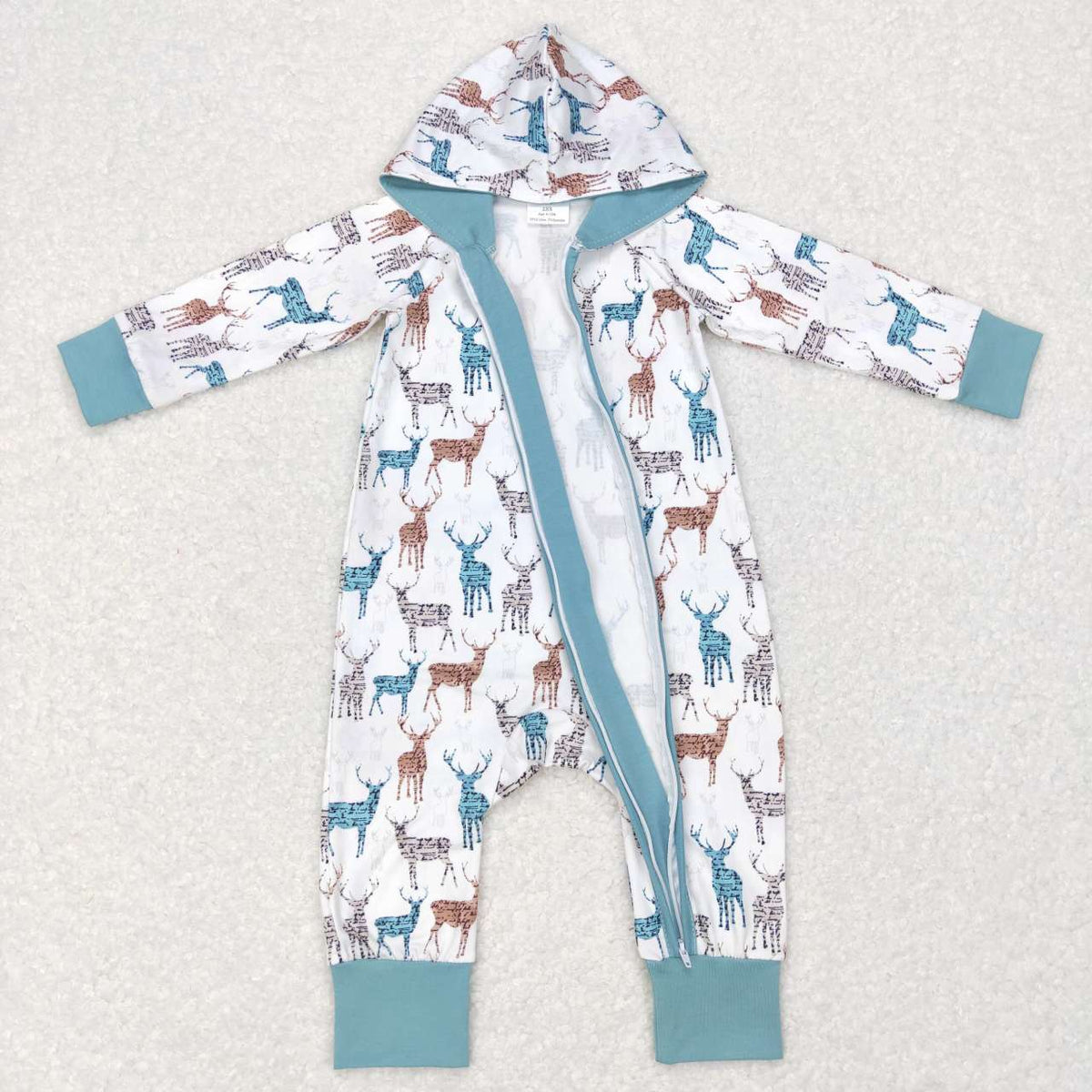 LR0776 Christmas deer blue hoodie long sleeve kids romper