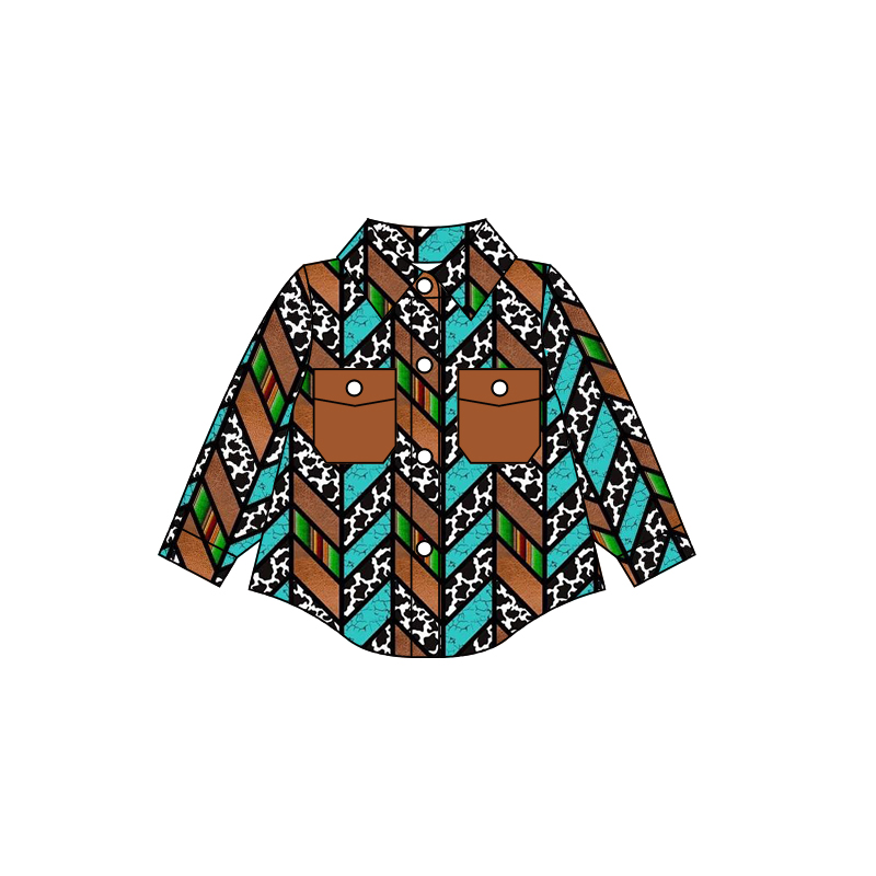 preorder BT0274 Cow Print Brown Pockets Long Sleeve Boys Top