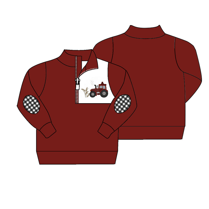 preorder BT0428 Farm tractor dark red long sleeve boys pullover