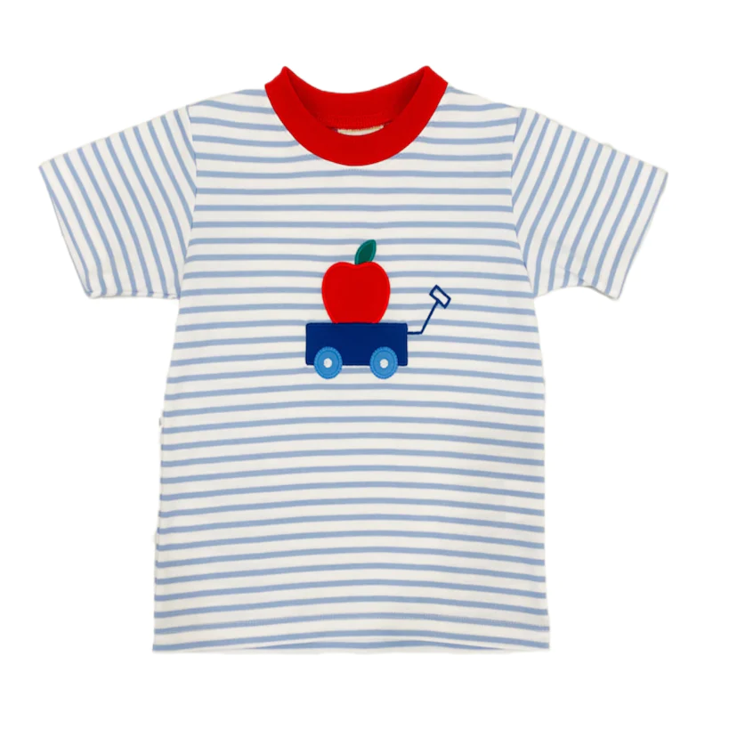 preorder BT0625 back to school truck apple blue striped short sleeve boys top