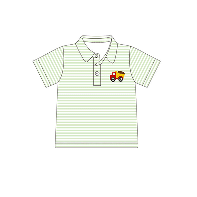 preorder BT0691 cute dump truck light green striped short sleeve boys top