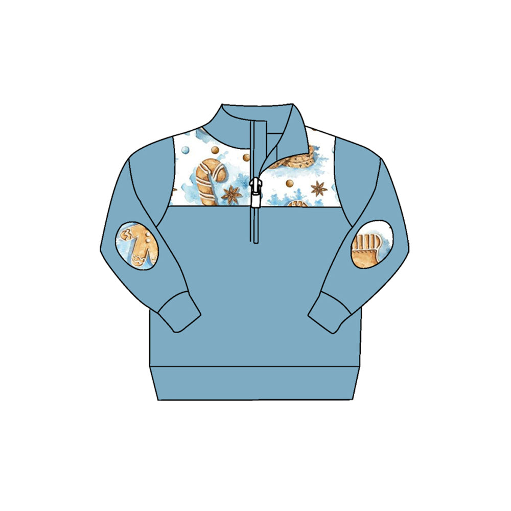 preorder BT0785 Christmas gingerbread man blue long sleeve boys pullover
