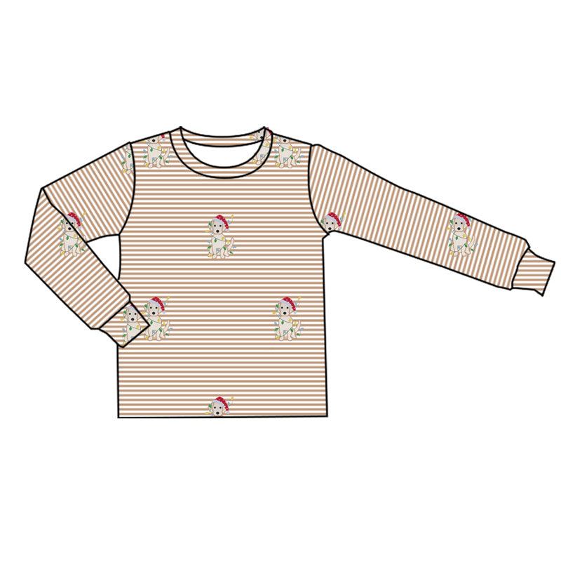 preorder BT0859 Christmas Santa hat light khaki striped long sleeve boys top