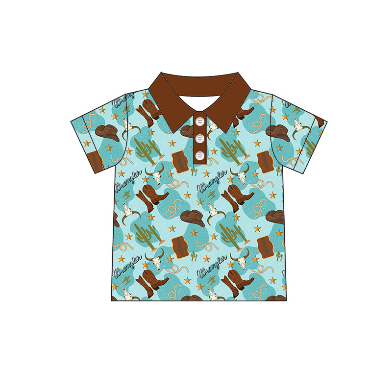 preorder BT0887 Western cactus boot hat cow blue short sleeve boys top