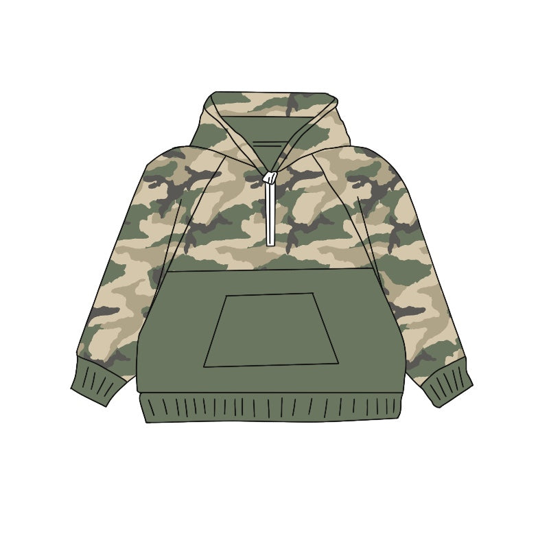 preorder BT0910 green camo pocket hoodie zipper long sleeve boys pullover