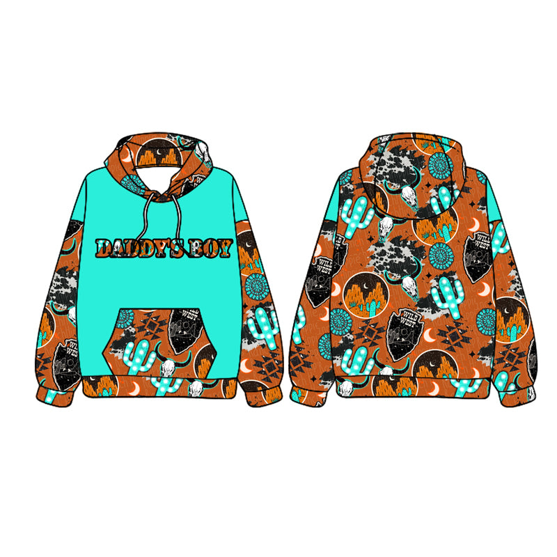 preorder BT1020 Western daddy's boy cow cactus green long sleeve hooded boys pullover