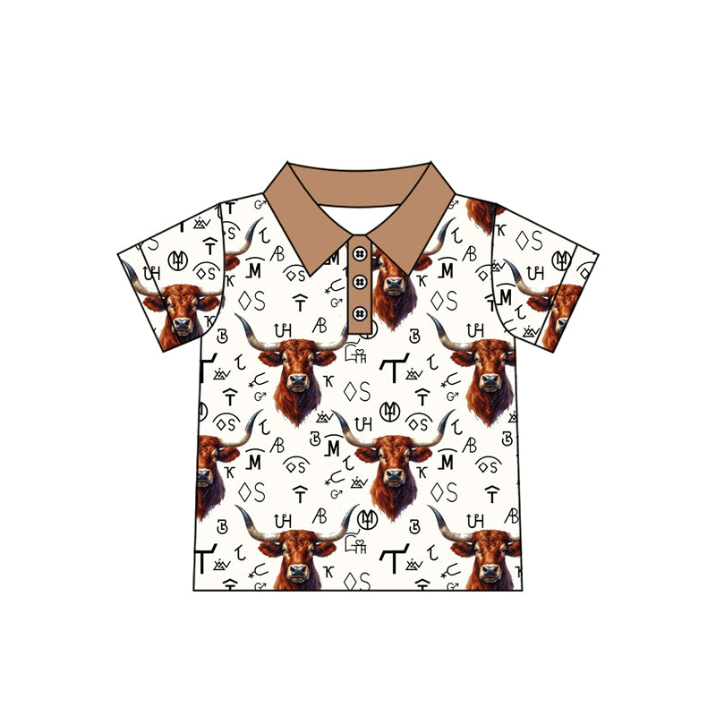 preorder BT1168 Western highland cow brown letter short sleeve boys top