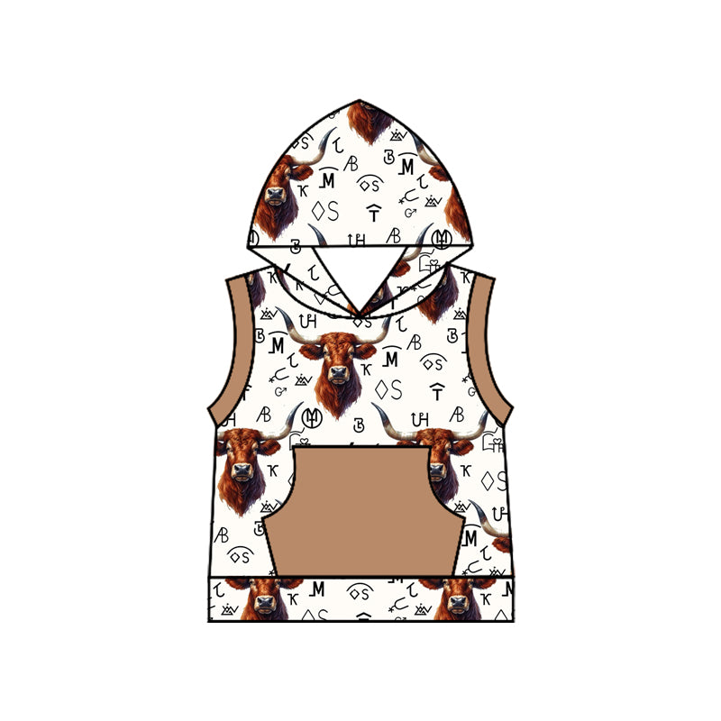 preorder BT1170 Western highland cow letter brown pocket hoodie sleeveless boys top