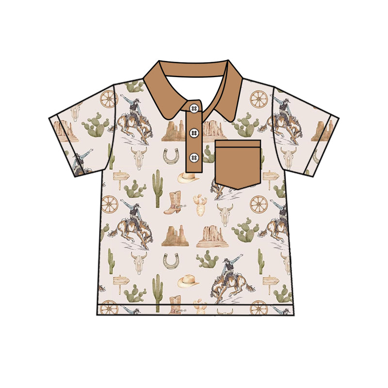 preorder BT1196 Western rodeo pocket brown short sleeve boys top
