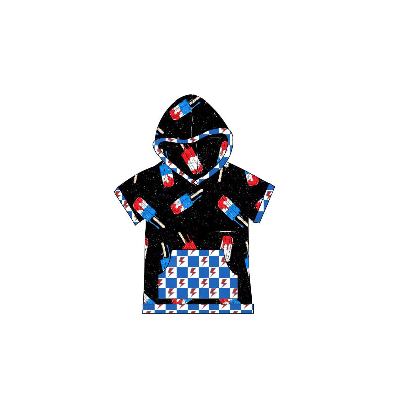 preorder BT1203 July 4th ice flsh black short sleeve pocket hoodie boys top