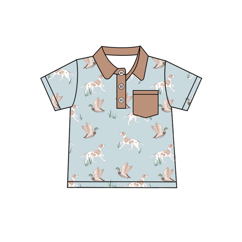 preorder BT1208 hunting dog mallard duck brown pocket blue short sleeve boys top