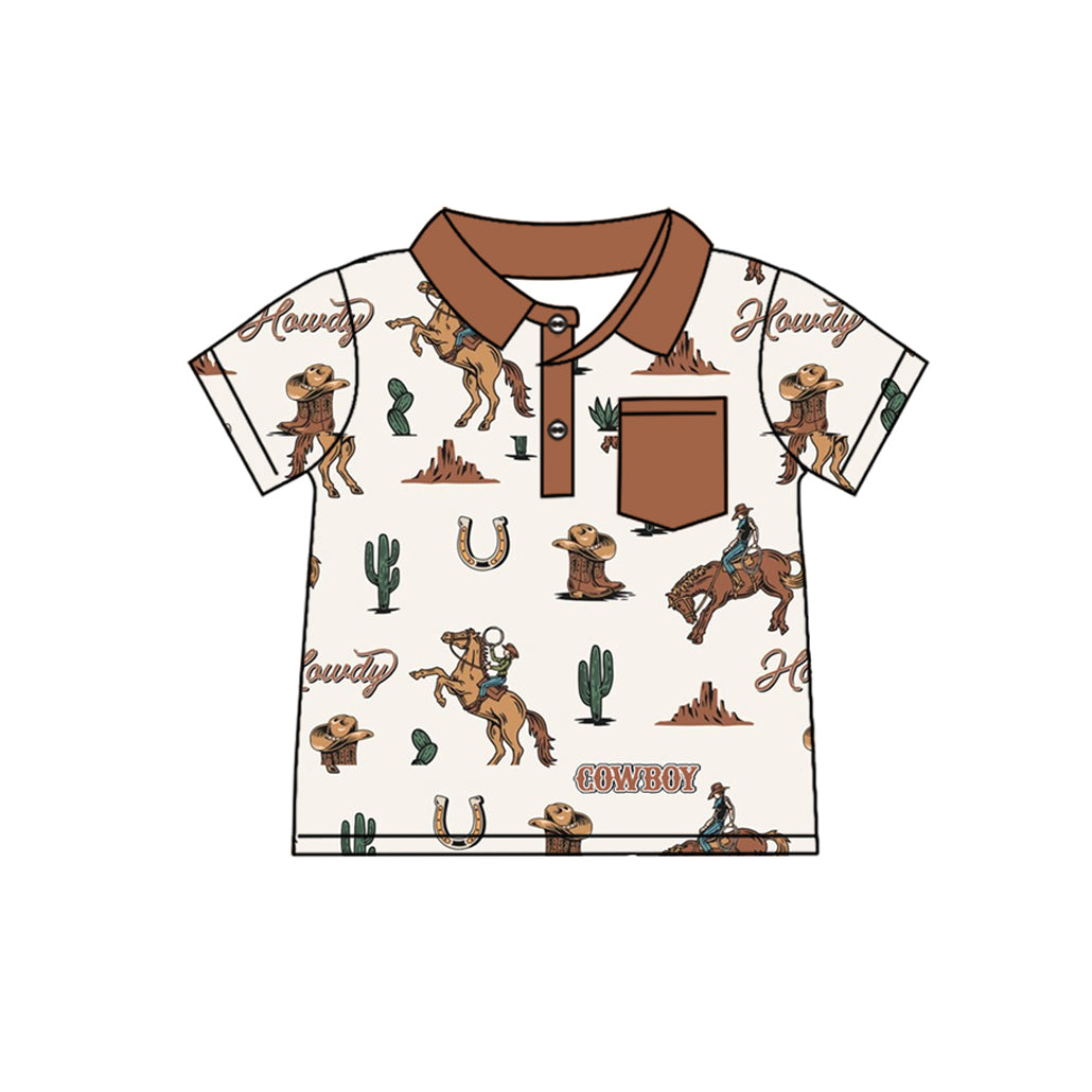 preorder BT1209 Western cowboy rodeo cactus brown pocket short sleeve boys top