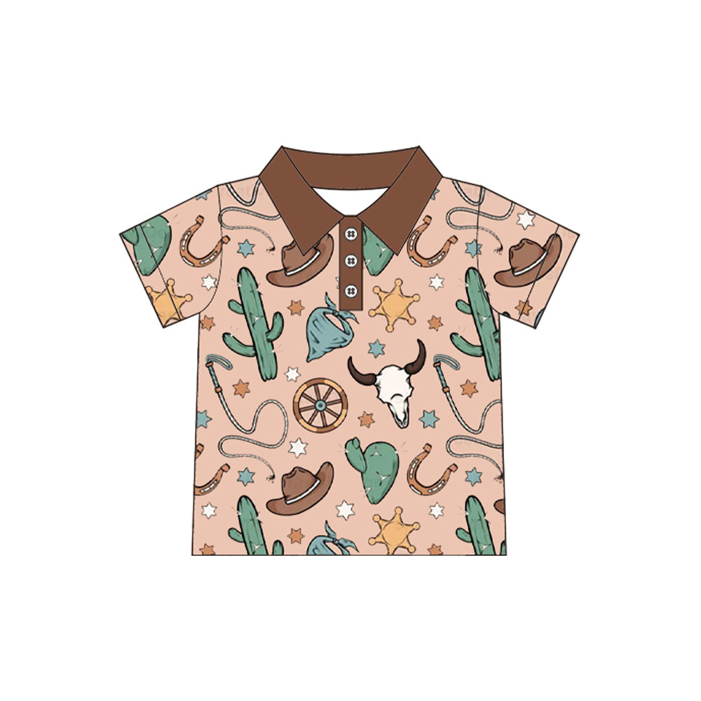 preorder BT1224 Western cactus cow brown short sleeve boys top