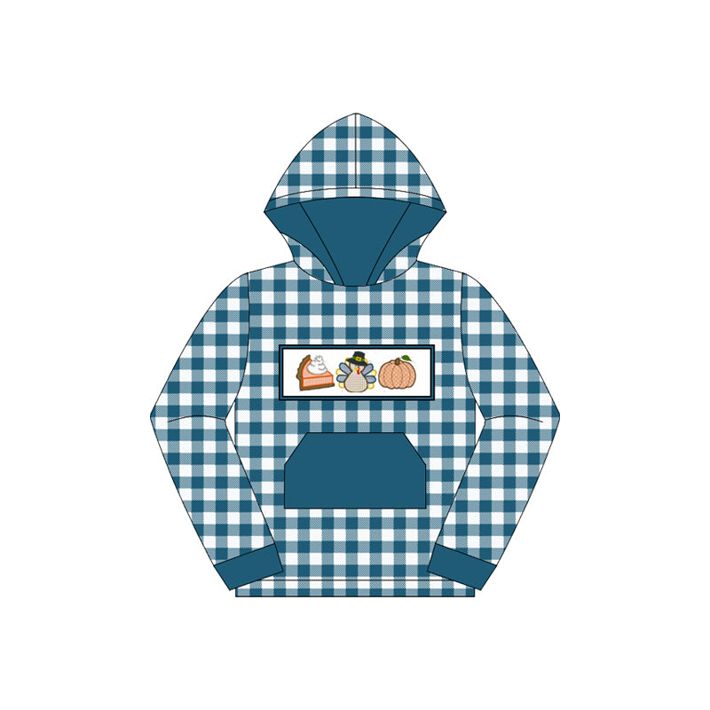 preorder BT1287 Thanksgiving turkey pumpkin blue dot checkered hoodie pocket long sleeve boys top