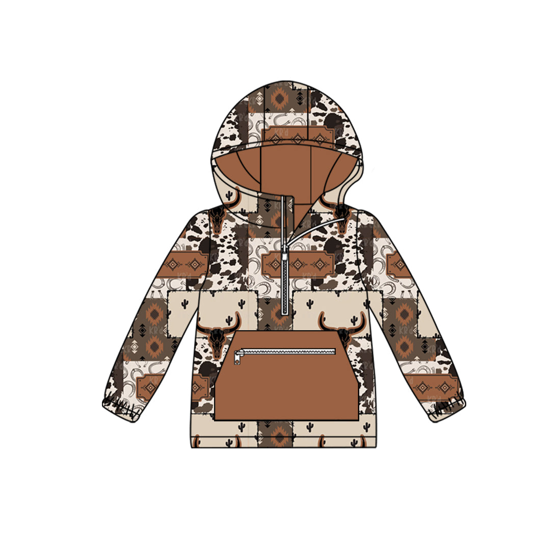 preorder BT130 Western cow Aztec brown pocket hoodie long sleeve boys top