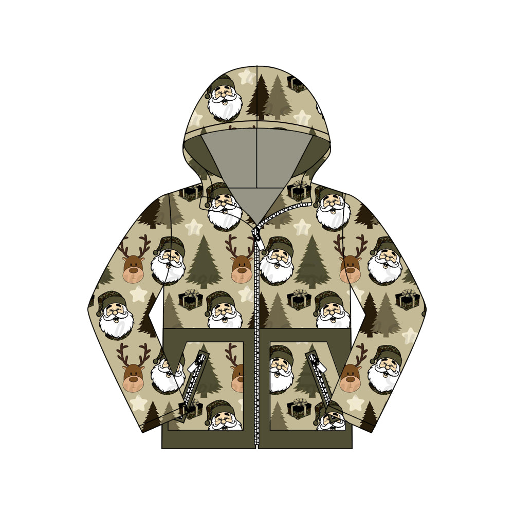 preorder BT1328 Christmas Santa tree deer dark green pockets hoodie long sleeve boys coat