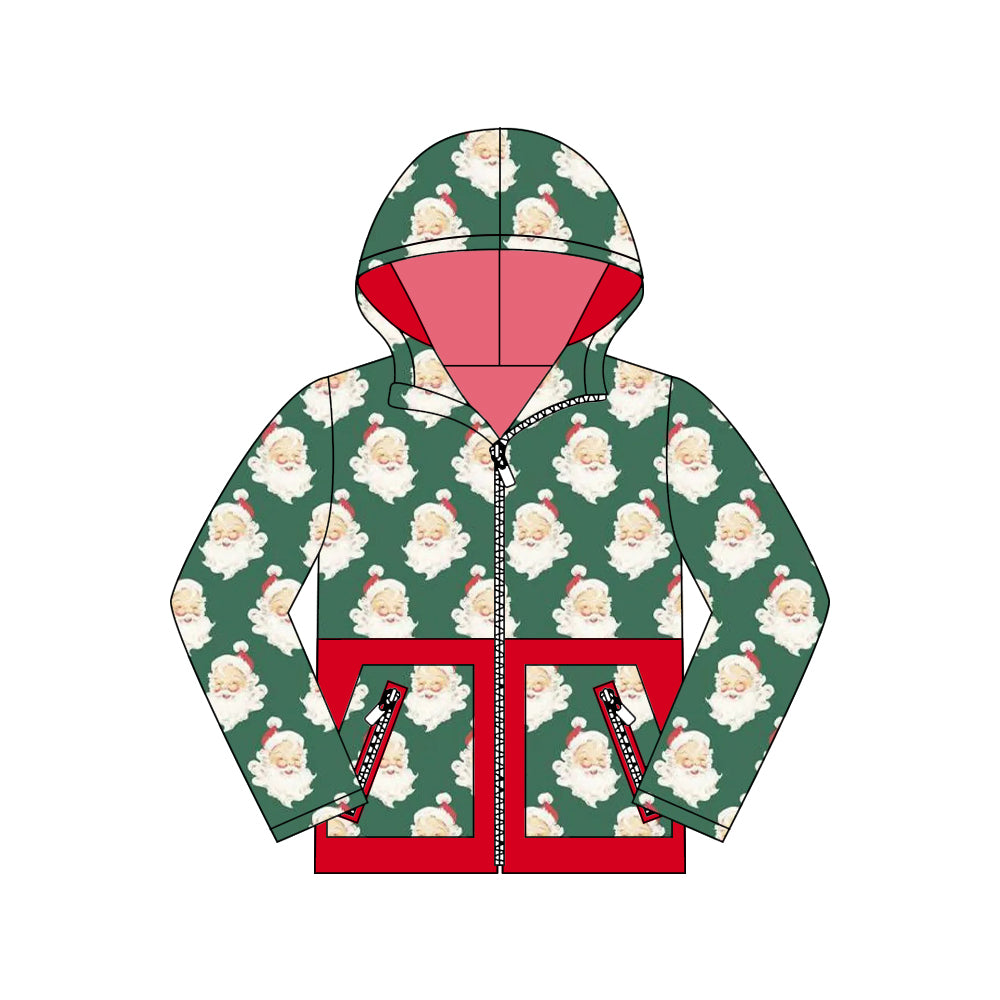 preorder BT1329 Christmas Santa green pockets hoodie long sleeve boys coat