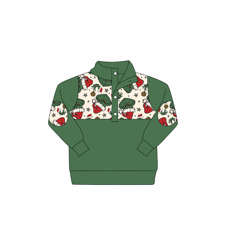 preorder BT1339 Christmas green face green zipper long sleeve boys top
