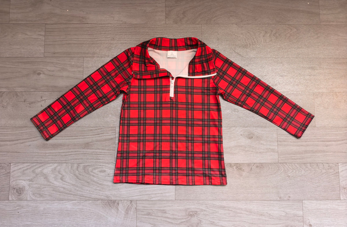 preorder Samples BT1350 Christmas red checkered zipper long sleeve boys top