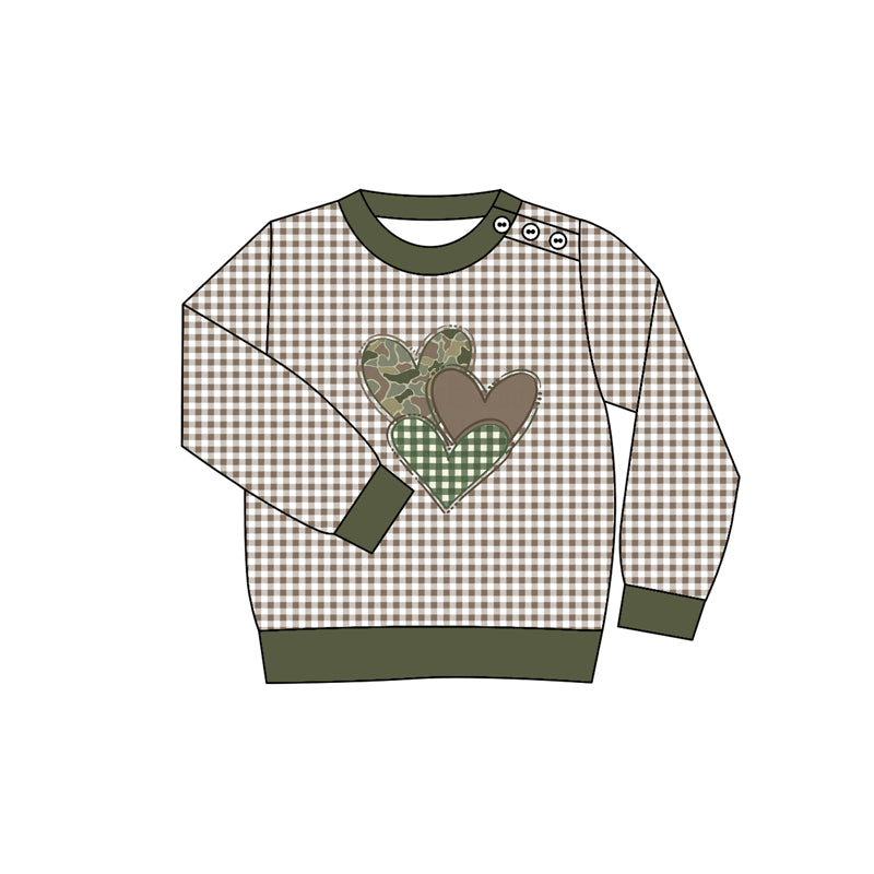 preorder BT1352 Valentine's Day camo heart brown checkered long sleeve boys top