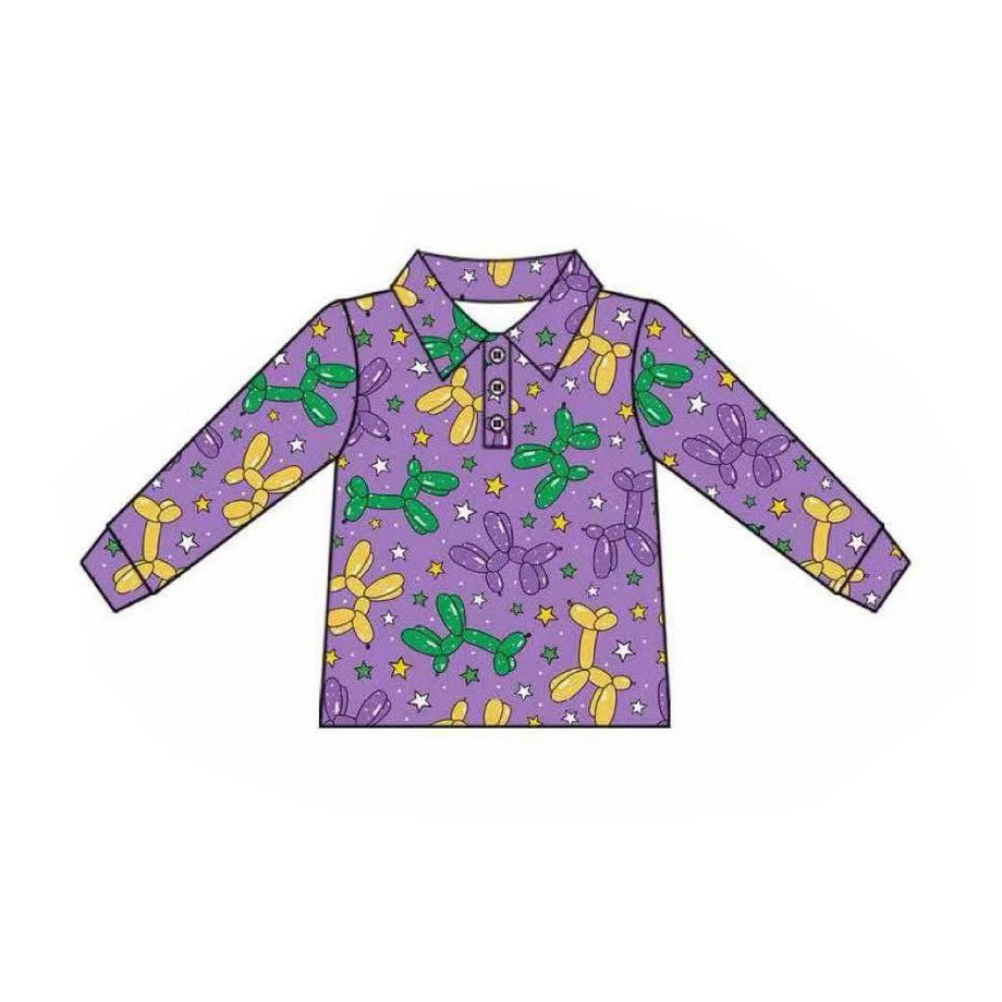 preorder BT1387 Mardi Gras balloon purple long sleeve boys top