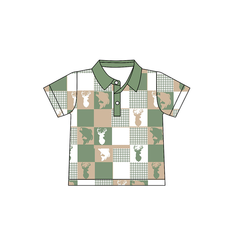 preorder BT1409 hunting fishing deer fish green short sleeve boys top