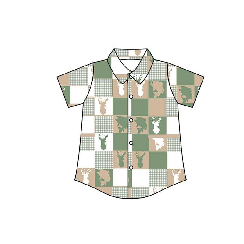 preorder BT1411 hunting fishing deer fish green short sleeve boys shirt