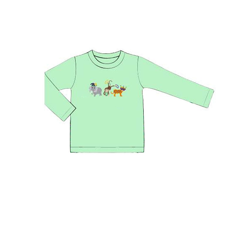 preorder BT1505 Mardi Gras Animals Elephant Monkey Green Long Sleeve Boys Top