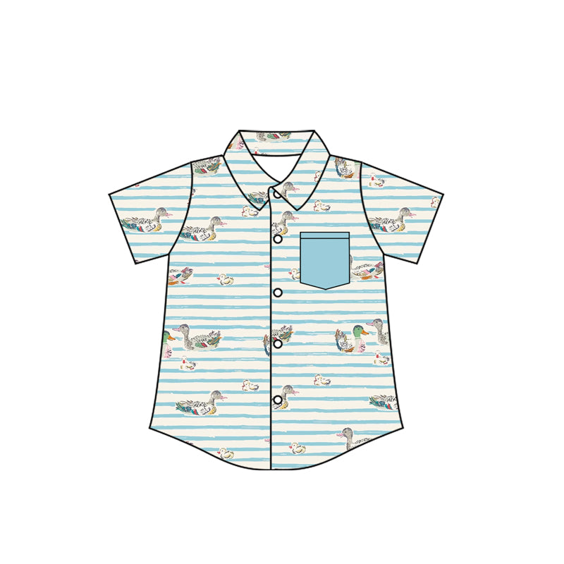 preorder BT1677 Hunting Mallard Duck Pocket Blue Striped Short Sleeve Boys Top