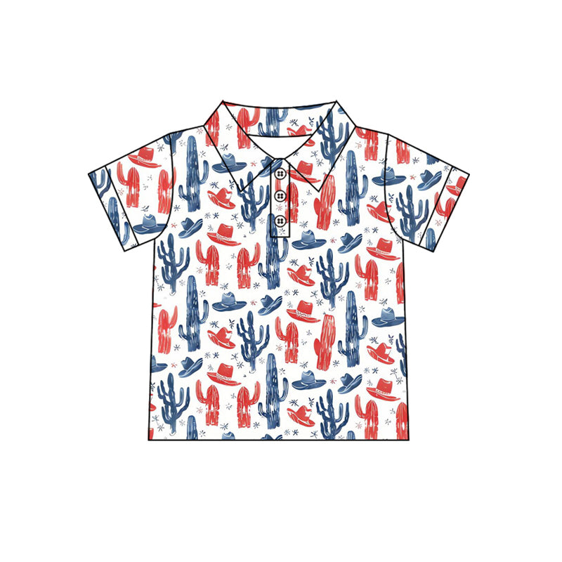 preorder BT1681 July 4th Blue Red Cactus Hat Short Sleeve Boys Top