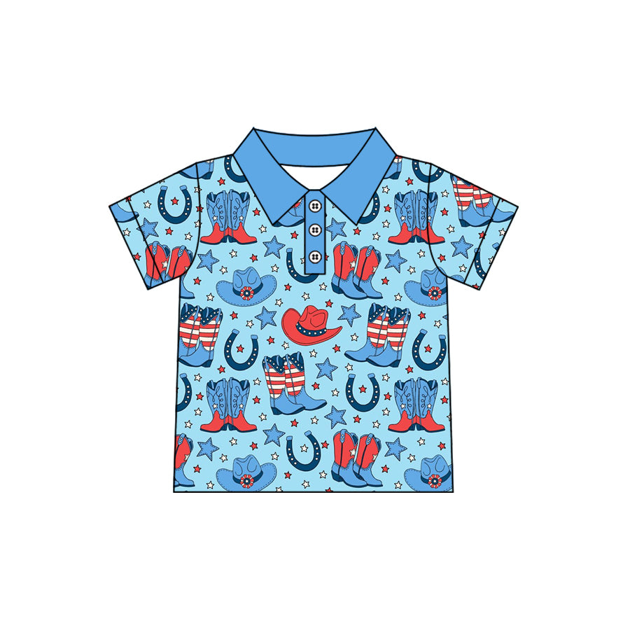 preorder BT1686 July 4th Boots Hat Blue Short Sleeve Boys Top