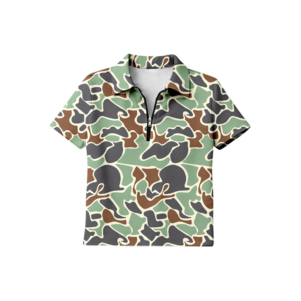 preorder BT1733 Hunting Camo Zipper Short Sleeve Boys Top