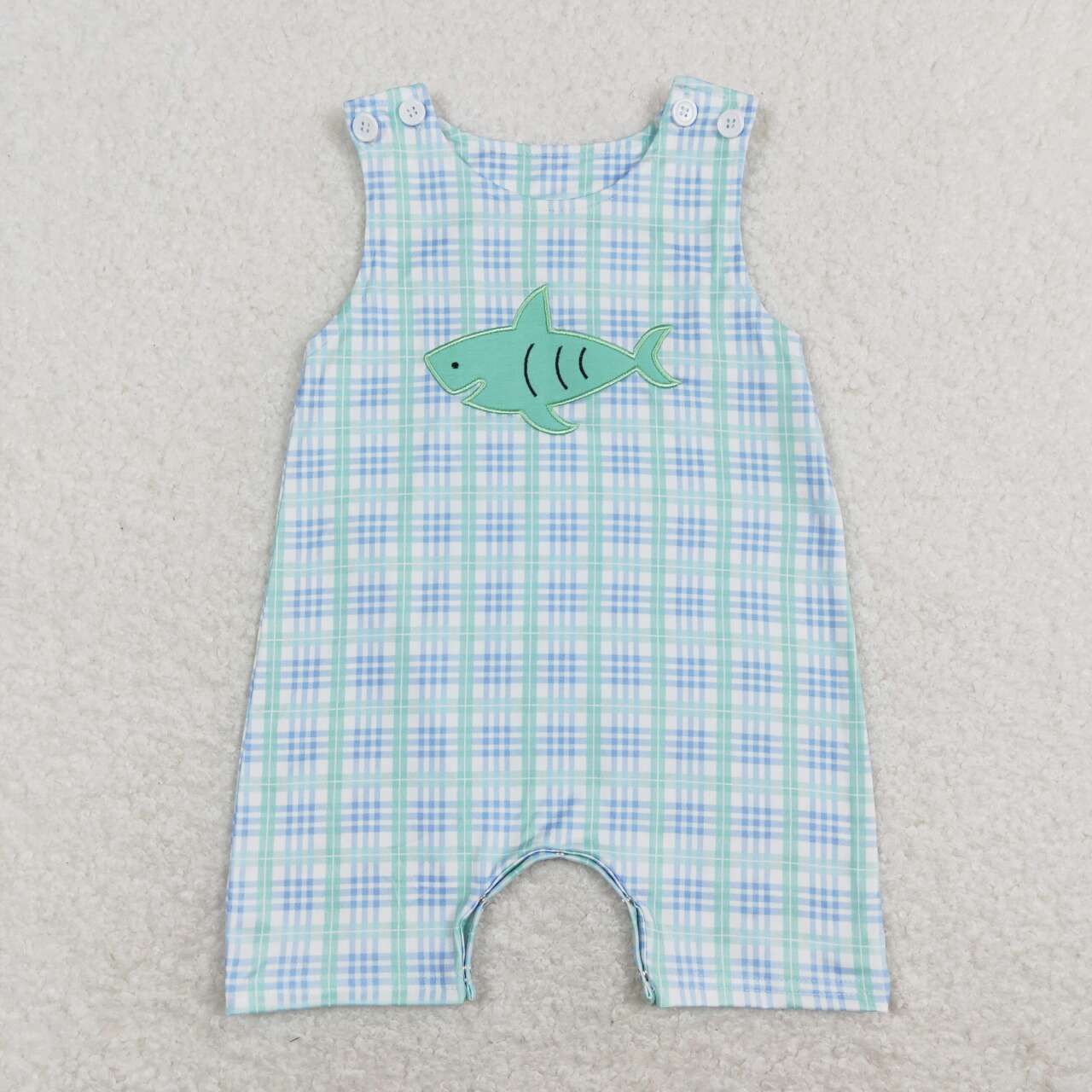 SR0651 Embroidery Green shark blue checkered sleeveless boys romper