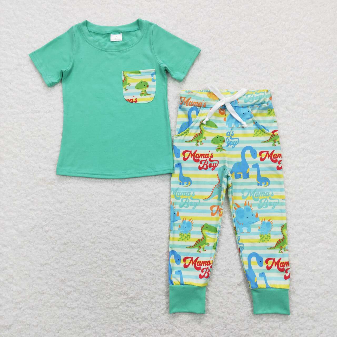 BSPO0204 Mamas boy dinosaur pocket short sleeve green striped pants boys set