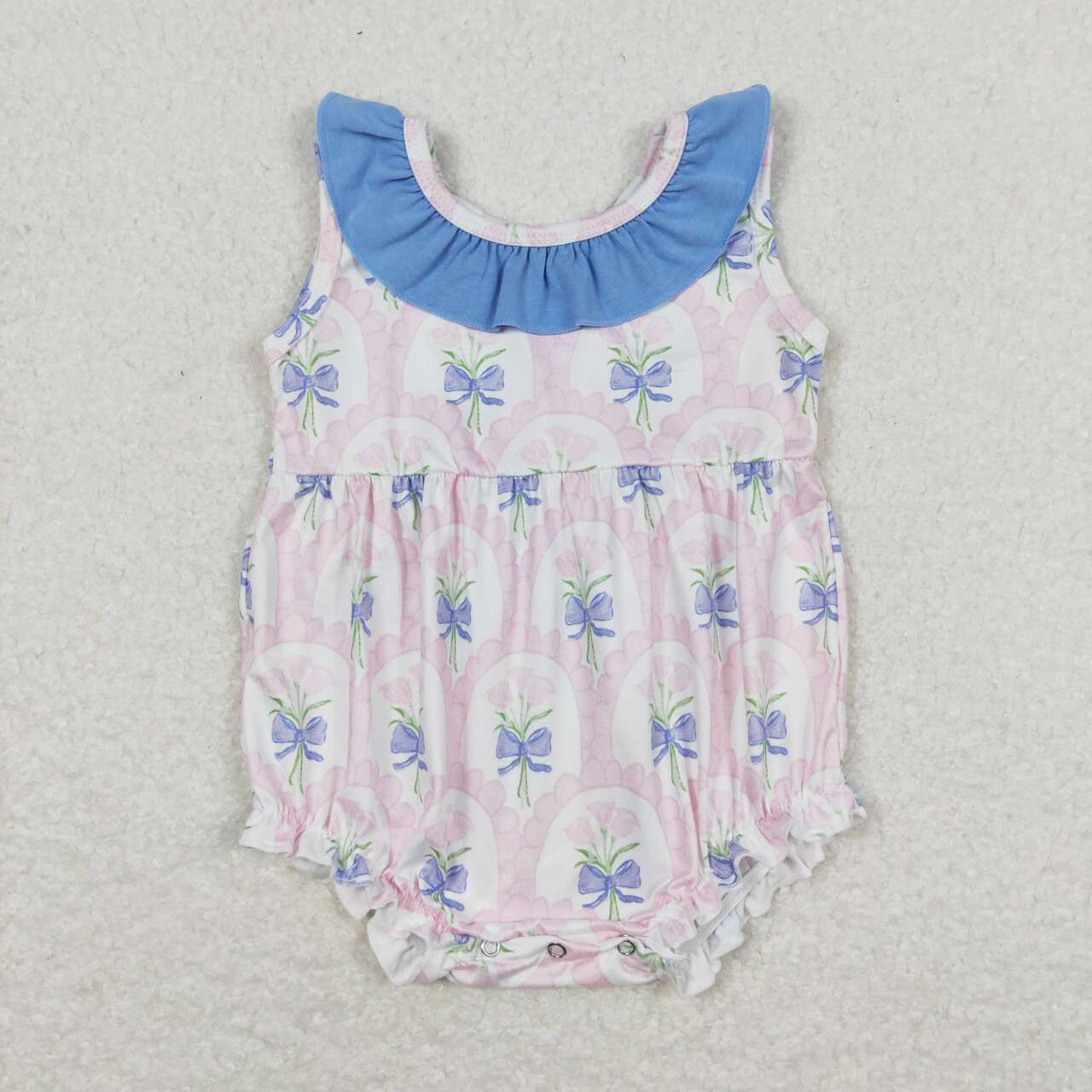 SR1181 Pink flowers blue ruffles flutter sleeve girls romper