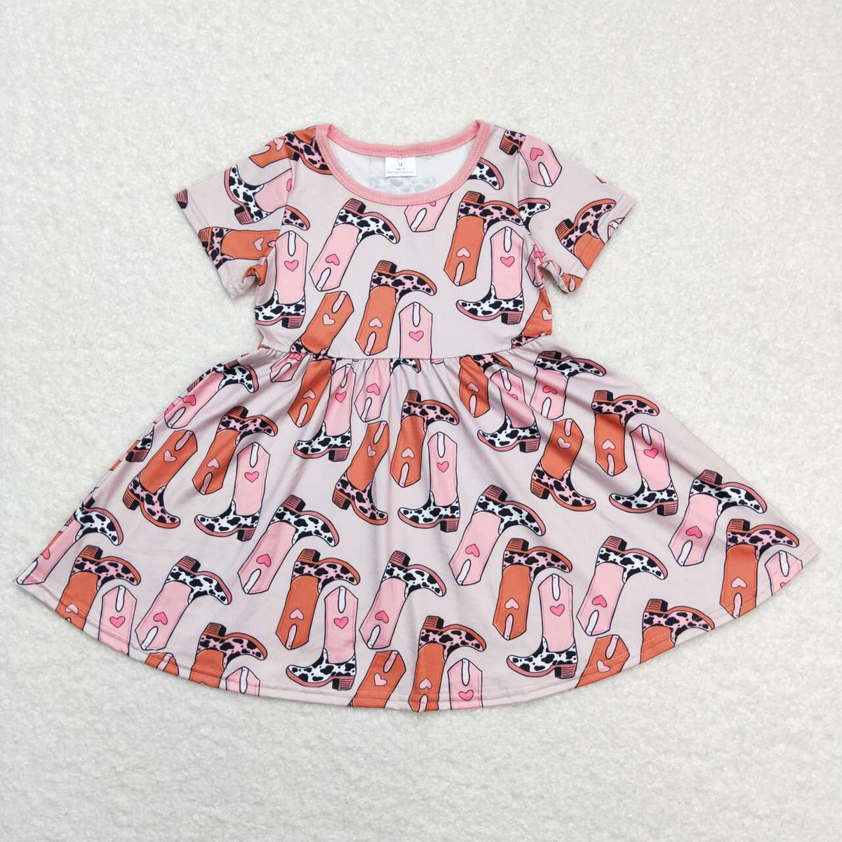 GSD0542 Western boot heart pink short sleeve girls dres
