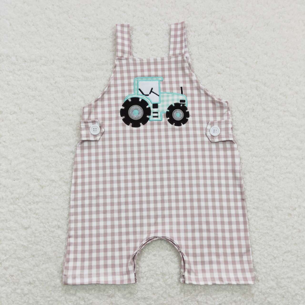 SR0631 Embroidery Farm tractor khaki checkered sleeveless boys romper