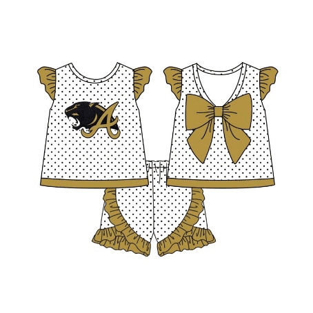 custom style V golden dot bow flutter sleeve shorts girls set