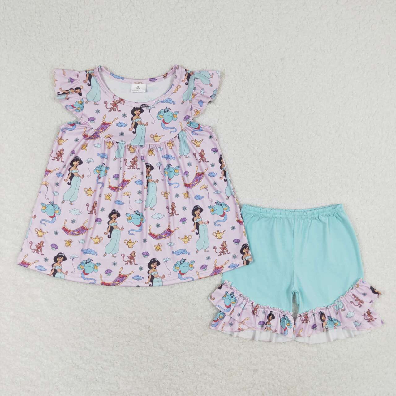 GSSO0912 cartoon princess pink flutter sleeve blue shorts girls set