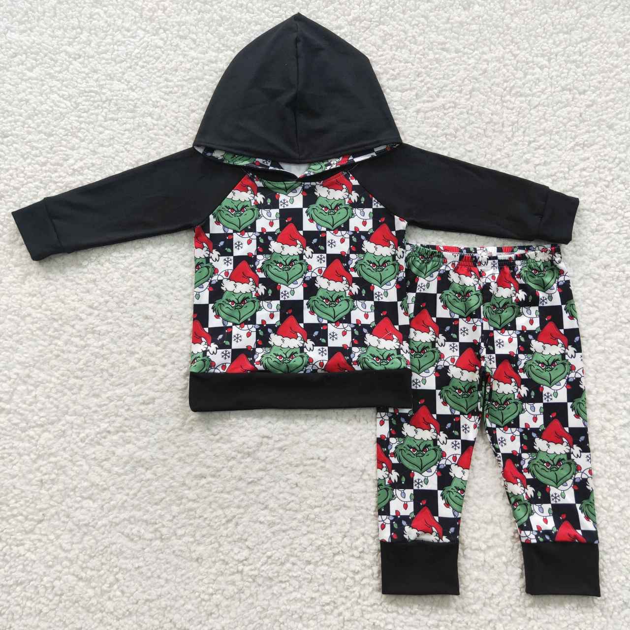 BLP0223 Christmas Green Face Hoodie Long Sleeve Pants Boy Set Kids Clothes