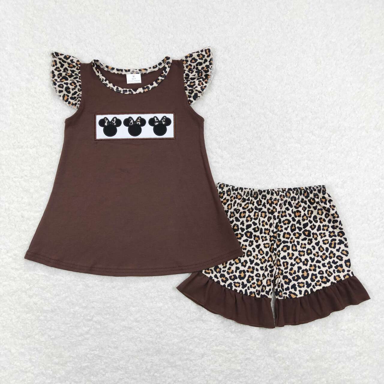 GSSO0424 Cartoon expedition brown flutter sleeve leopard shorts girls set