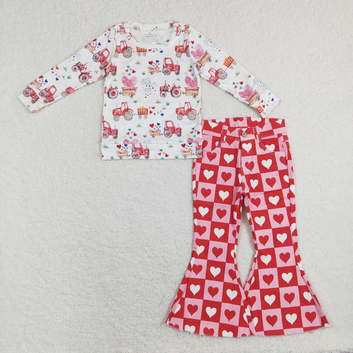 GLP1157 Valentine's Day Heart Tractor Short Sleeve Heart Pink Checkered Denim Pants Girls Set