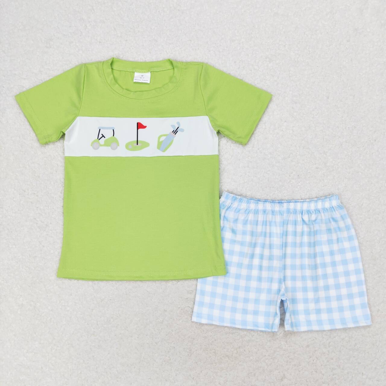 BSSO0667 Play golf car green short sleeve blue checkered shorts boys set