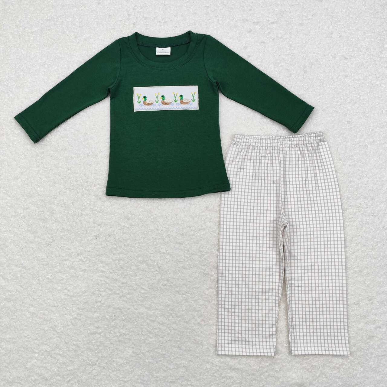 BLP0717 embroidery mallard duck green long sleeve khaki checkered pants boys set