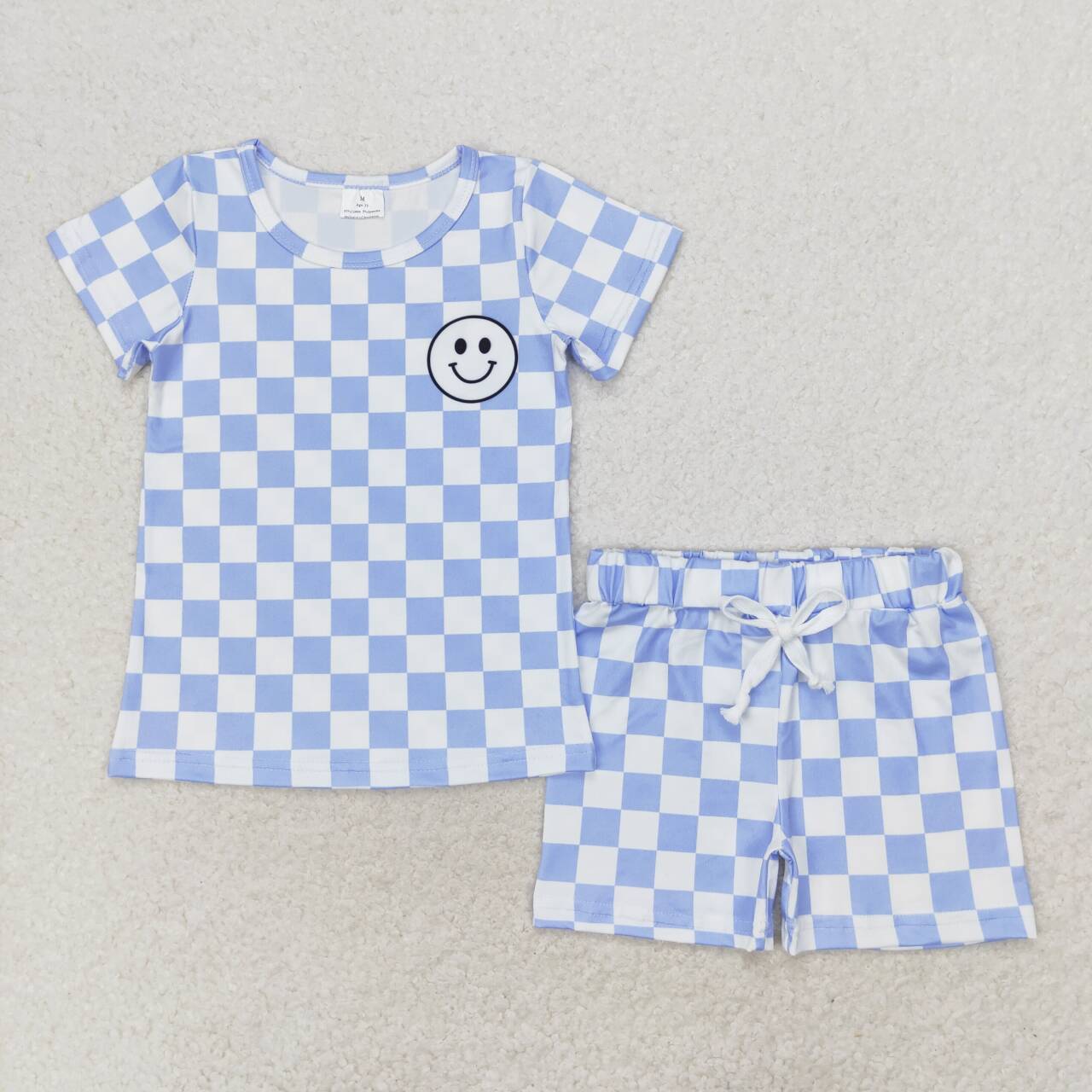 BSSO0974 smile blue checkered short sleeve shorts boys set