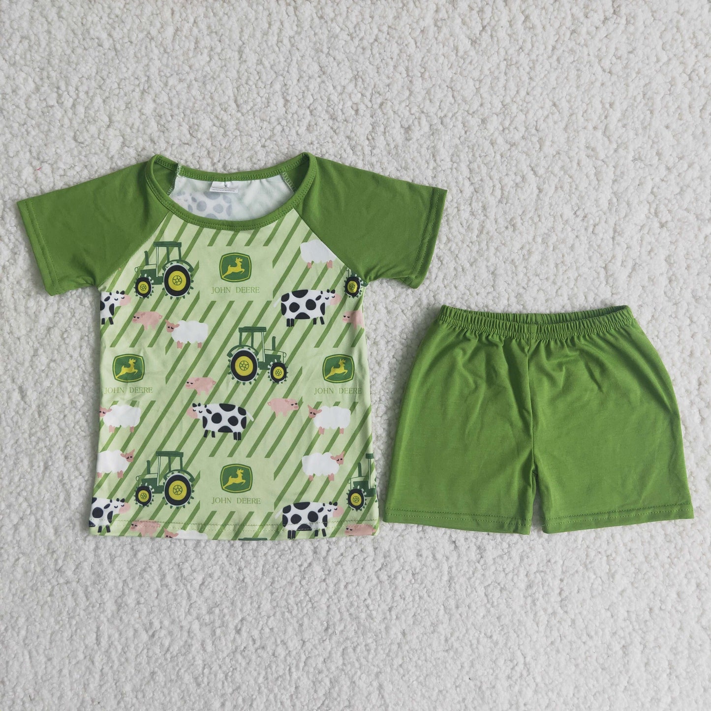 C13-17 farm tractor green short sleeve shorts boys set